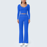 Conjunto de Dos Piezas para Yoga y Ejercicio, Top Corto con Cuello en V y Manga Larga, Pantalones de Cintura Alta y Pierna Ancha, 11 Colores