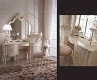 Meuble de chambre à coucher élégant de haute qualité en bois massif blanc italien avec 5 tiroirs, miroir et tabouret