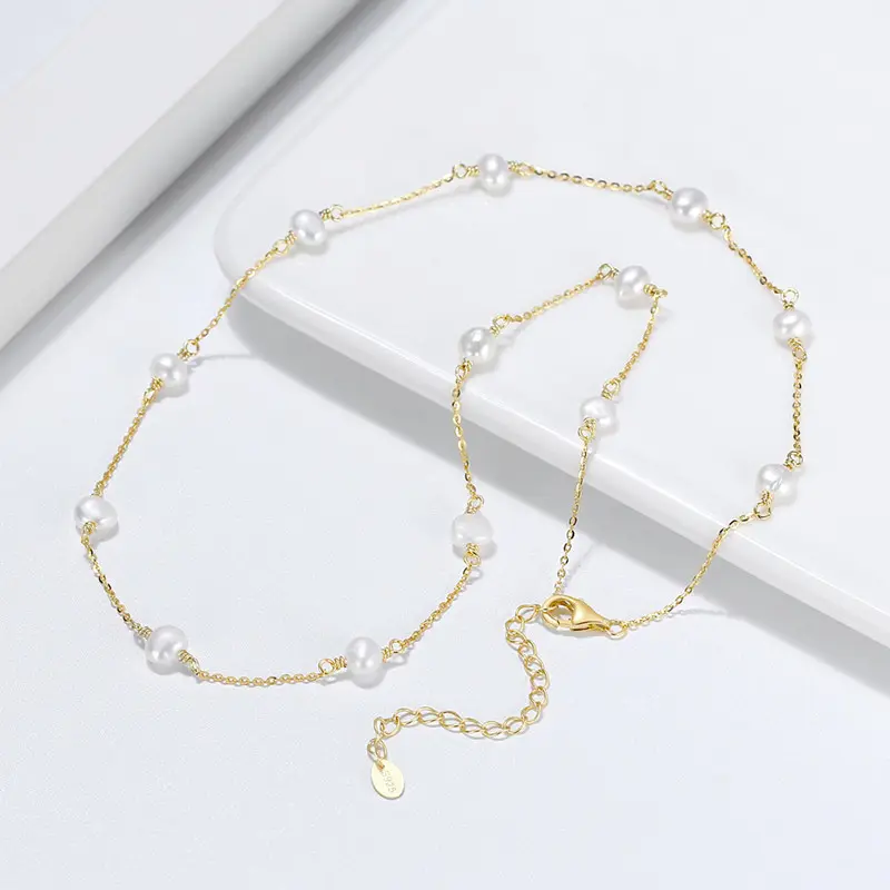 14K Gold Plated 6mm Baroque Freshwater Pearl Chain 925 Sterling Silver Necklace for Women