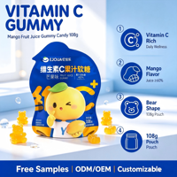 Gummies de jus de mangue et vitamine C à marque privée OEM, 60% de jus de fruits naturels, soutien immunitaire, collation santé sucrée, sachet de 108g, logo personnalisé
