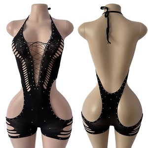 <b>Fishnet</b> Diamond Romper Low Back Halter Cut Out Hips Slitted with Rhinestones Ballroom Performance Wear Adults - Product Image 1