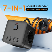 Enchufe de Extensión Europeo 7 en 1 con Puertos USB, 3 Tomas de Corriente Alterna, Enchufe Europeo para Cable de 3 Metros con Cubiertas de Seguridad