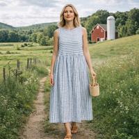 Robe d'été décontractée en lin sur mesure, sans manches, à rayures, élégante et confortable pour femmes. Portez des vêtements élégants pour femmes