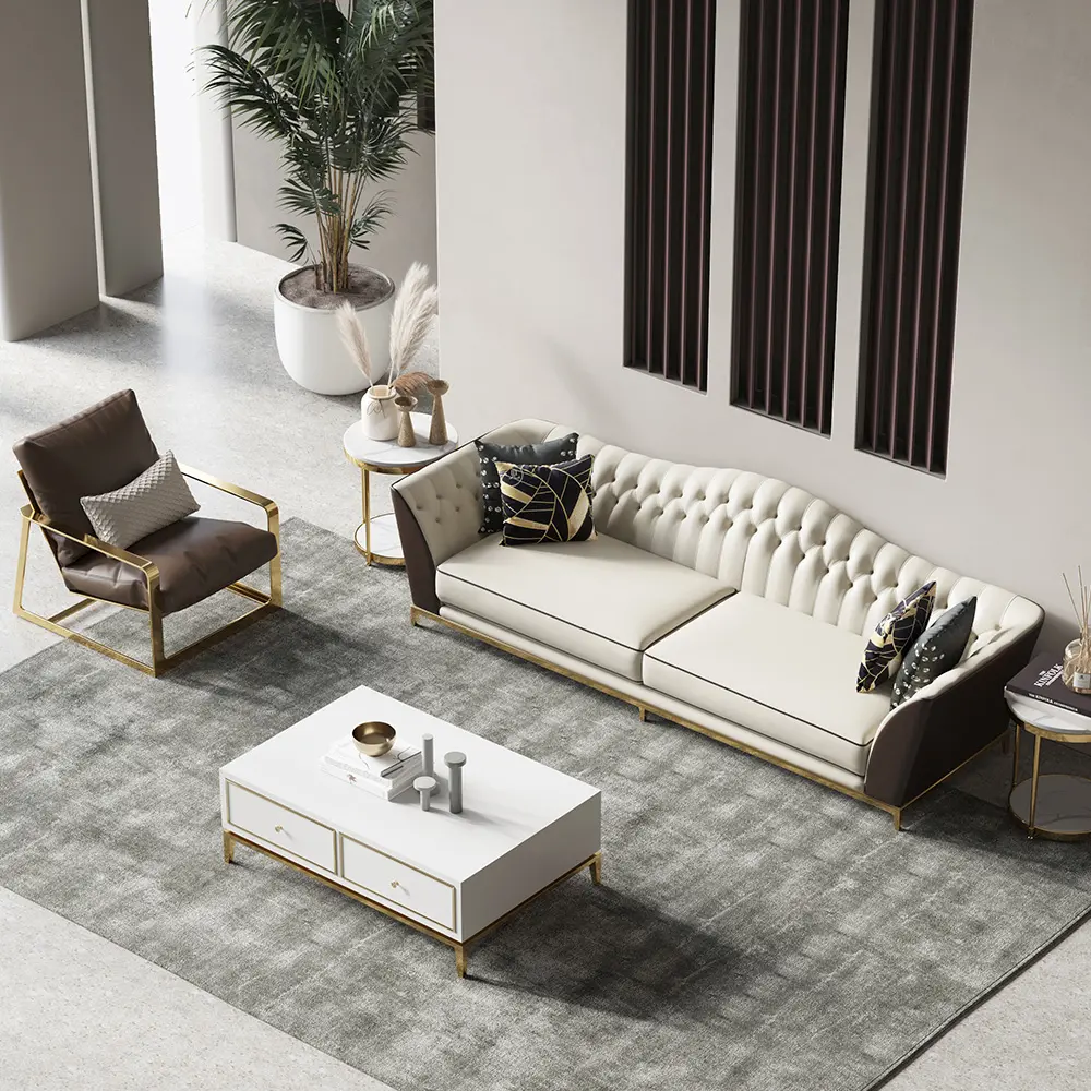 Sofá de canto de couro legítimo branco, sofá de luxo europeu com design moderno de 3 lugares para sofá de canto, decoração de sala de estar