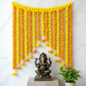 Traditional Yellow Orange Marigold Flower Toran Garland with Hanging Tassels for Wedding Festival <b>Home</b> Entrance Decoration Decor - Product Image 1