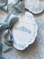 Carnets de Vœux de Mariage de Luxe Bleu Poussière à Bordure Festonnée, Motif Château Floral, Pour Lui et Pour Elle, en Velours avec Ruban de Soie