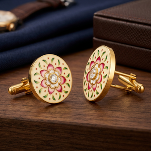 Boutons de manchette Mandala floral, peints à la main, en laiton émaillé, plaqué or, pour mariage, anniversaire, unisexe - Product Image 4