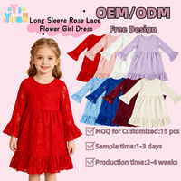 Robe de Demoiselle d'Honneur Unie en Dentelle Rose avec Manches Longues Évasées et Ourlet Volanté pour Tout-Petits, Robe de Cérémonie pour Mariage, Vente en Gros pour Boutiques (OEM/ODM)