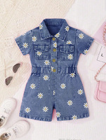 Combinaison en jean décontractée pour filles 2026, à manches courtes, col à revers, taille ornée de perles et de fleurs, en tissu peigné imprimé