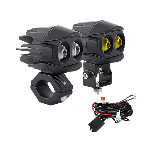 OPOOLIGHT MF01-2 60W 18000LM LED Fog Lights Motorcycles 3 Modes Dual Color Auxiliary Driving Lights Wire Harness Kit Universal