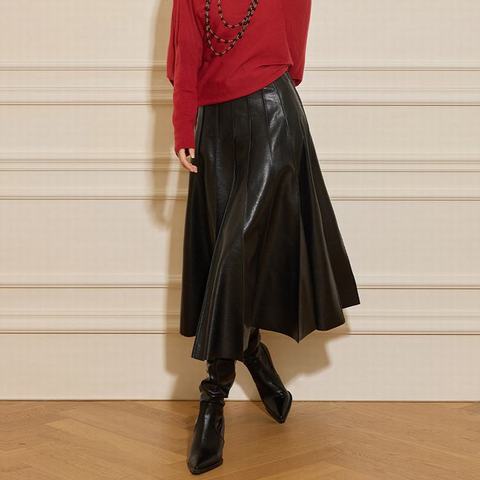 HN5364 French Elegance Women's Semi-Tanned Sheepskin Midi Maxi Skirt, Hand Pleated A-Line Umbrella Skirt