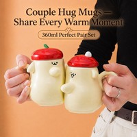 Ensemble de tasses à café en céramique pour couple, 12 oz, motif de dessin animé avec un sourire, avec couvercle en forme de pomme rouge, boîte cadeau, cadeau de la Saint-Valentin, cadeau de mariage