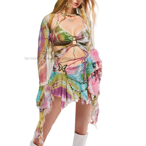 Sexy Spaghetti <b>Straps</b> Hollow Out Print 3 Piece Skirt Sets Women Fashion - Product Image 1
