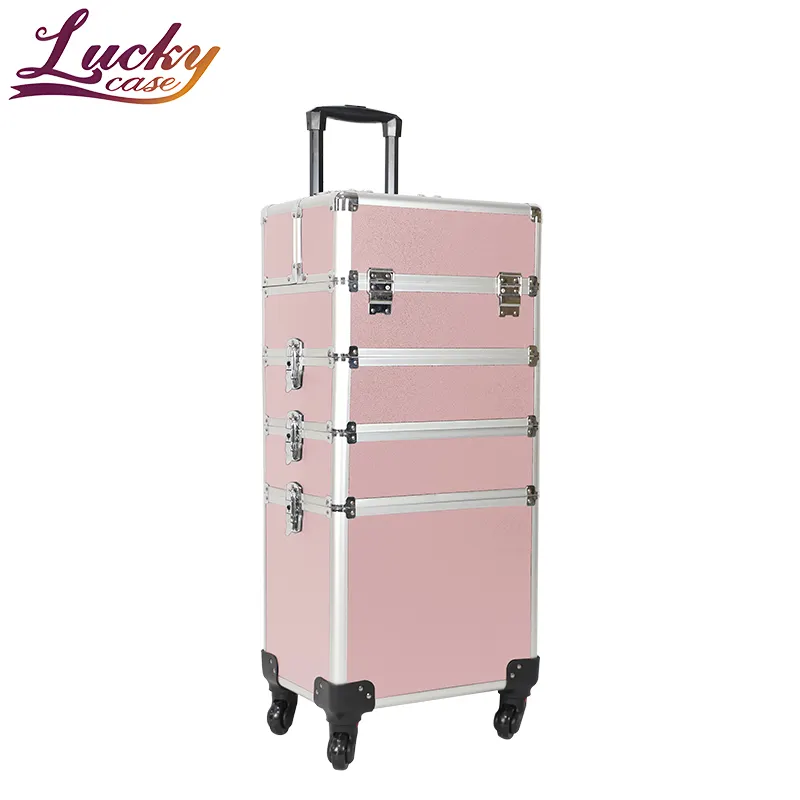 Universal Wheel 4 In 1 Professional Aluminum Makeup Train Box Detachable Cosmetics Cosmetic Case With Shoulder Strap