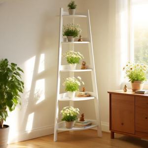 White Balcony Triangular Shelf 5 Tier Corner Storage Rack Eco-Friendly Standing Type <b>Ladder</b> Shelf for Home Garden Plant Display - Product Image 1