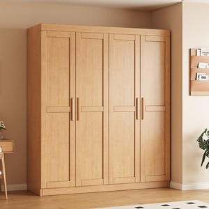 Nordic <b>Solid</b> <b>Wood</b> <b>Wardrobe</b> Four Door Hinged Bedroom Storage Cabinet Natural <b>Wood</b> Color Space Saving Design - Product Image 1