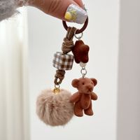 Porte-clés en peluche style coréen Tagram, forme 3D douce, mignon ours chiot, avec mousqueton et pompon en corde tressée, pendentif de sac