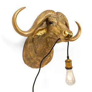 Chinese Factory Resin Animal Statue Retro Bison Bull Head Bedroom Bedside Wall Lamp