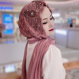 Voile islamique haut de gamme 2026 à pampilles perlées - Châle foulard en mousseline de soie à dentelle florale artisanale - Product Image 5