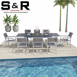 Ensemble <span class=keywords><strong>de</strong></span> salle à manger d'extérieur moderne 9 pièces avec structure en <span class=keywords><strong>aluminium</strong></span> <span class=keywords><strong>et</strong></span> chaises en bois <span class=keywords><strong>de</strong></span> bouleau - Écologique <span class=keywords><strong>et</strong></span> résistant à l'eau, idéal pour l'entrée, le patio, le <span class=keywords><strong>jardin</strong></span>, la chambre, l'hôtel - Product Image 1