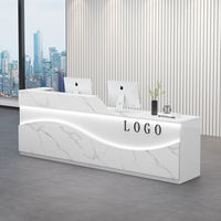 Bureau d'accueil en bois avec comptoir en marbre, éclairage LED ondulé, deux niveaux, pour hall d'accueil, vente en gros, directement de l'usine, logo personnalisé
