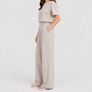 Eleganti <span class=keywords><strong>Pantaloni</strong></span> da Completo Grigio Pietra a Gamba Larga per Donna, Vita Alta, Plissettati, Stile Ufficio, Pantalone Drappeggiato Chic - Product Image 3