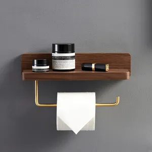 Custom Modern Luxury Walnut Brass Bathroom Wall Mounted Toilet Roll Holder with Shelf