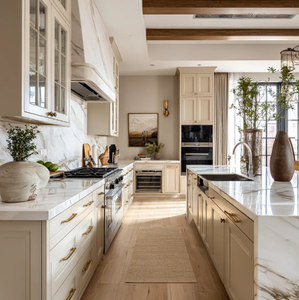 Armoires de cuisine modernes de style américain en bois grainé avec îlot en marbre cascade de luxe et quincaillerie dorée - Product Image 5