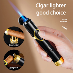 Encendedor de Cigarros Metálico Multifunción Todo en Uno, <span class=keywords><strong>Llama</strong></span> de Chorro Recargable, Antorcha con Soporte para Cigarros, Perforador y Cortador para Fumadores de Cigarrillos - Product Image 2