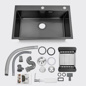 Lavello da <span class=keywords><strong>cucina</strong></span> nero 304 acciaio inox grande goccia-in lavello singolo con <span class=keywords><strong>sifone</strong></span> - Product Image 1