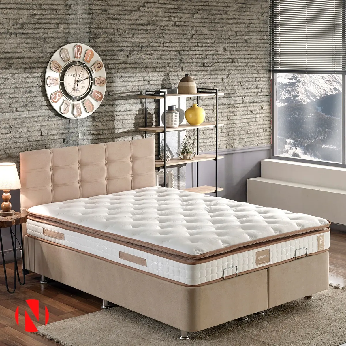 Unique Color Double Bed with Multi Spring Mattress 25 Cm Full Orthopedic Padded Mattress "QUEEN" Model Home Furniture Soft Bed