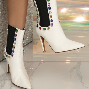 Women Fashion New Party Rhinestone ZIP PU 10CM Thin High Heels Street Style Ladies Wedding Shoes White Ankle <b>Boots</b> - Product Image 6