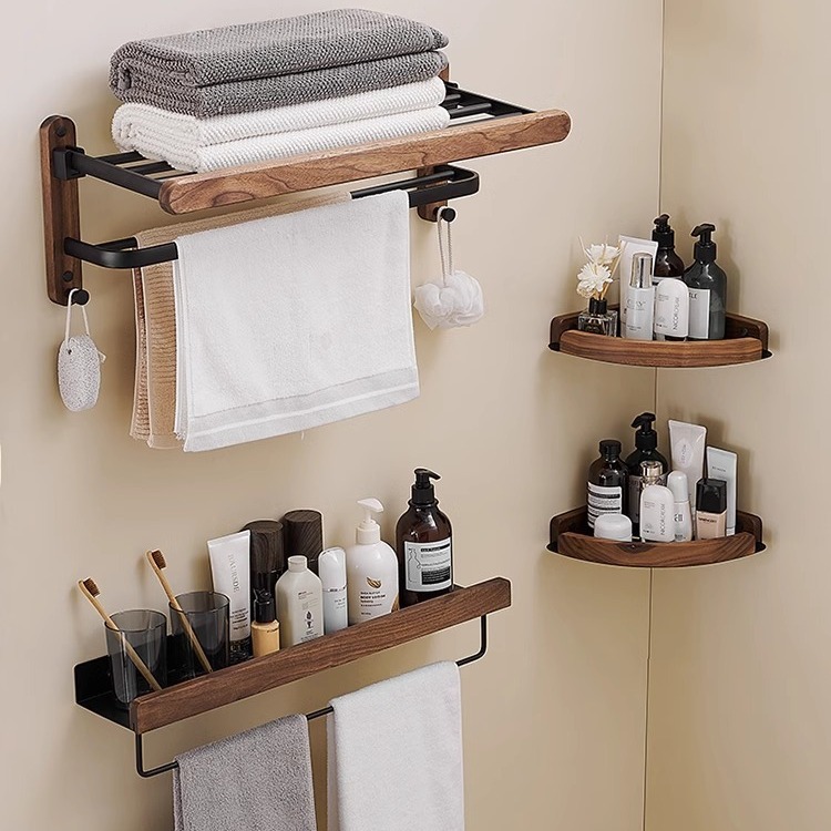Light Luxury Non-Perforated Walnut Solid Wood Bath Towel Rack Log Style Modern Design Corner Mounted Toilet Bathroom Rack