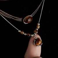 Chaîne de clavicule en cuir marron Meilad Fashion pour hommes, collier avec pendentif en pierre œil de tigre, bijoux