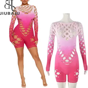 2024 Zomer Nieuwe Gradiënt Roze Uitgehold Sexy Dames Korte Romper Clubkleding Jumpsuit