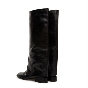 Front Zipper Overlay Black <b>Boots</b> Low Square Heel Women's Knee High <b>Boots</b> Genuine Leather Upper Daily Leisure Size 10.5 - Product Image 2