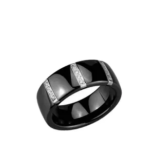 8毫米珠宝发现不锈钢戒指黑色陶瓷锆石带永恒数控实验室生长钻石戒指
