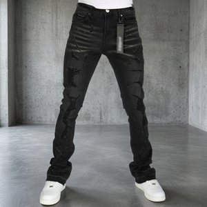 Jean en denim droit taille mi-haute pour homme, délavé effet vieilli, déchiré, noir, style vintage, décontracté, pour le marché de gros, impression de logo personnalisée - Product Image 3