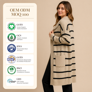 <span class=keywords><strong>Cardigan</strong></span> <span class=keywords><strong>Lungo</strong></span> da Donna Personalizzato a Righe Crema e Nero con Collo Largo e Tasche Applicate - Product Image 2