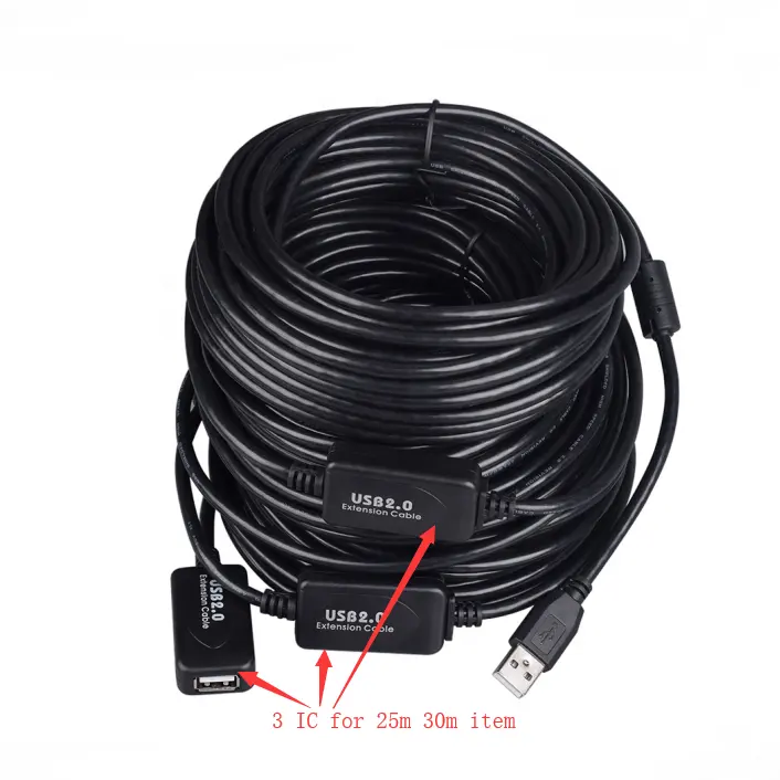 Black 100 ft usb 2.0 extension cable with 3 IC in stock