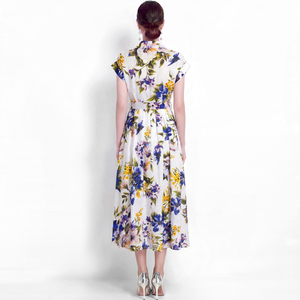 Vestido Camisero Largo de Verano para Mujer, Color Blanco y Azul, Cuello Camisero, Manga Corta, Botones al Frente, Cintura con Cinturón, Estampado Digital - Product Image 4