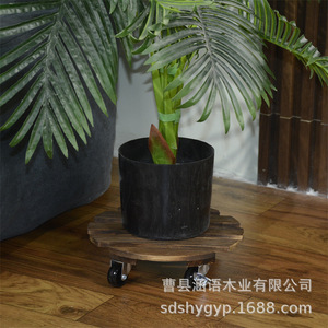 Solid Wood Round Flower Pot Base With Wheels Carbonized Wood Movable Garden <b>Stand</b> Floor Standing Rustic Design - Product Image 3