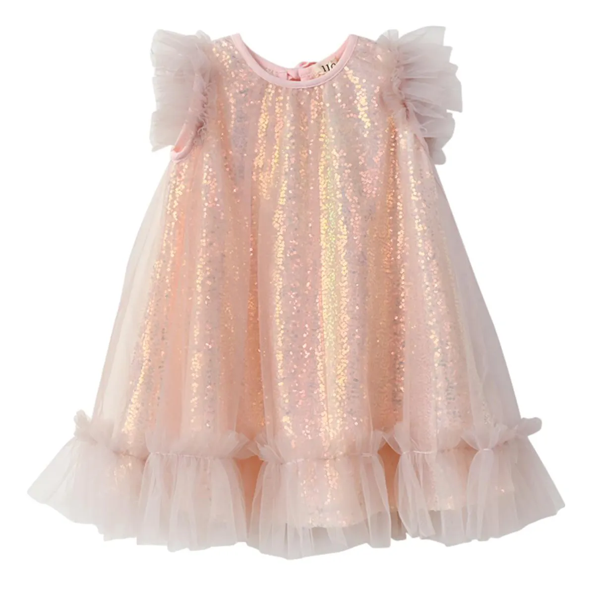 New Shiny Pink Ruffle Sleeve A- line Little Girls Sequin Tulle Dresses Casual for Summer