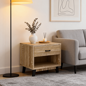 Mesita <span class=keywords><strong>de</strong></span> Noche Moderna <span class=keywords><strong>de</strong></span> Madera <span class=keywords><strong>de</strong></span> 2 Niveles para Espacios Pequeños, 1 Cajón + Diseño <span class=keywords><strong>de</strong></span> Panel <span class=keywords><strong>de</strong></span> Estante Abierto con Patas y Asa <span class=keywords><strong>de</strong></span> Plástico - Product Image 5