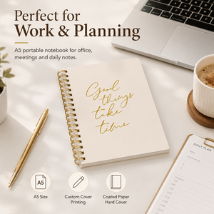 Carnet à spirale en feuille d'or avec citation inspirante - Les bonnes choses prennent du temps - A5 - Personnalisé - 80 feuilles - <span class=keywords><strong>Journal</strong></span> d'écriture - Cadeau d'entreprise - Product Image 5