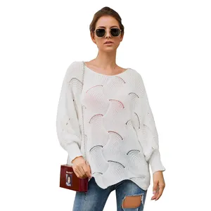Sweter Rajut Lengan Panjang Wanita, S-XL Selendang Pullover Wanita Putih Baru Musim Gugur Musim Dingin Kait Bunga