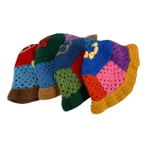 Colorful Knitted Bucket Hats Floral Crochet Bucket Hats Hand Made Cloche Cap Knitting Cap Beanies