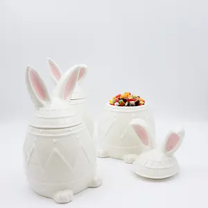 Custom cute white ceramic easter egg rabbit candy jars set wholesale home festival decor food storage containers