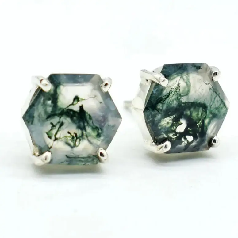 Pendientes de tuerca de ágata verde musgo para mujer, aretes de piedras preciosas facetadas hexagonales de 10mm