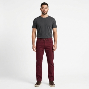 Jean en denim bordeaux coupe droite pour homme, coupe régulière, en coton léger, style streetwear décontracté, idéal pour l'automne, imperméable et respirant - Product Image 1